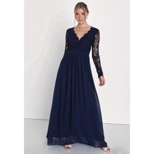 NWT Lulus Awaken My Love Navy Blue Long Sleeve Lace Maxi Dress S